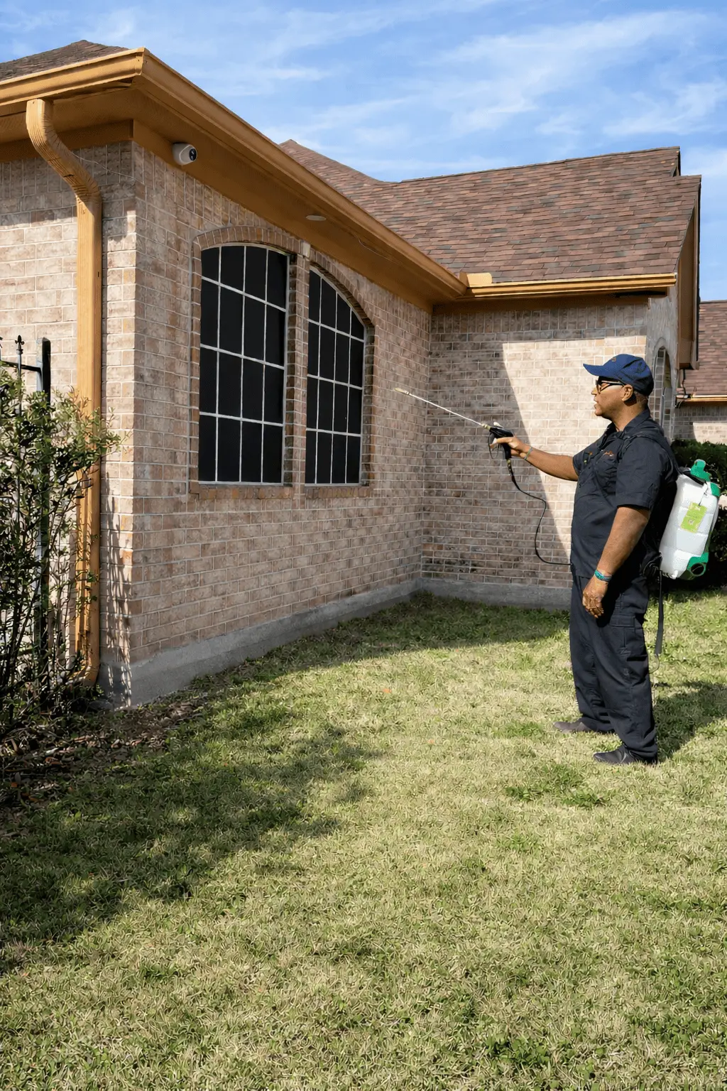 Technician performing a regular pest control spray around a home